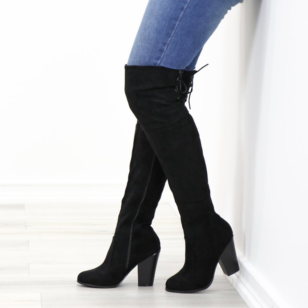 Over-the-Knee Black Suede Boots with Block Heel